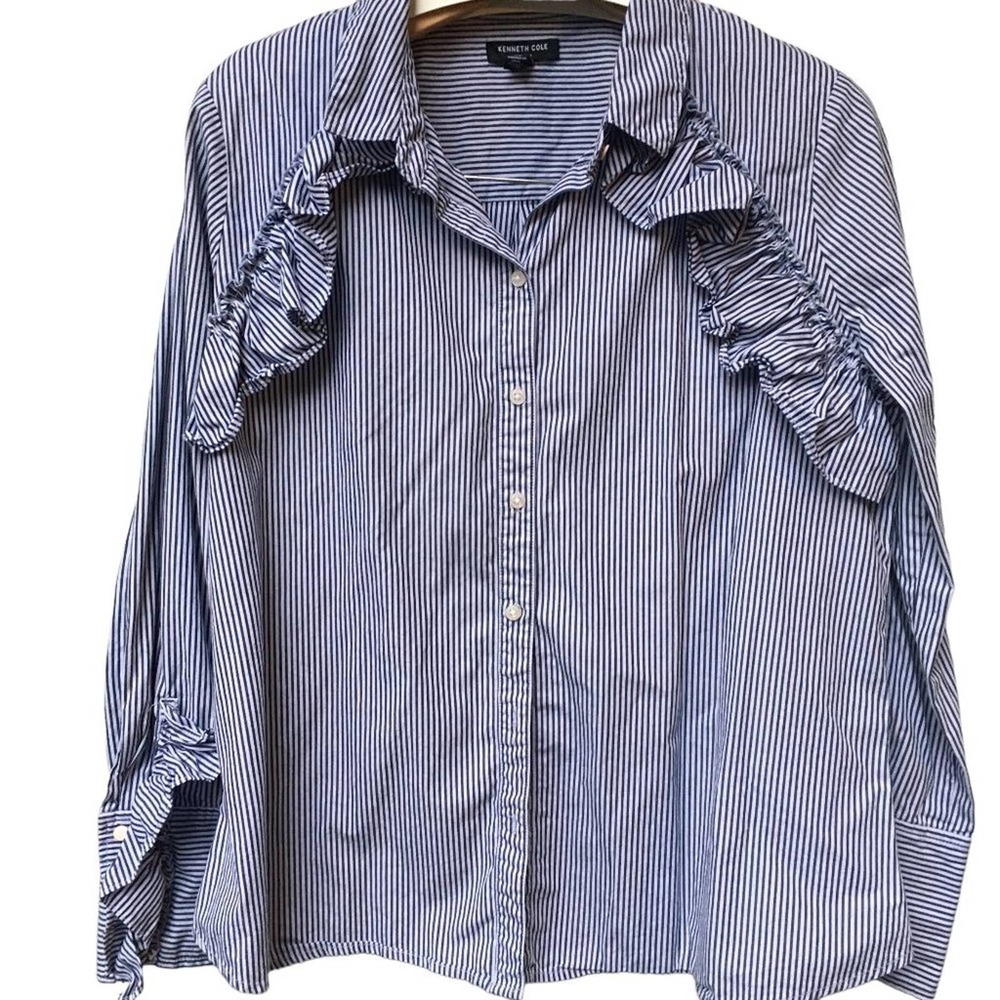 Kenneth Cole Ruffle Indigo Cotton Blouse SZ